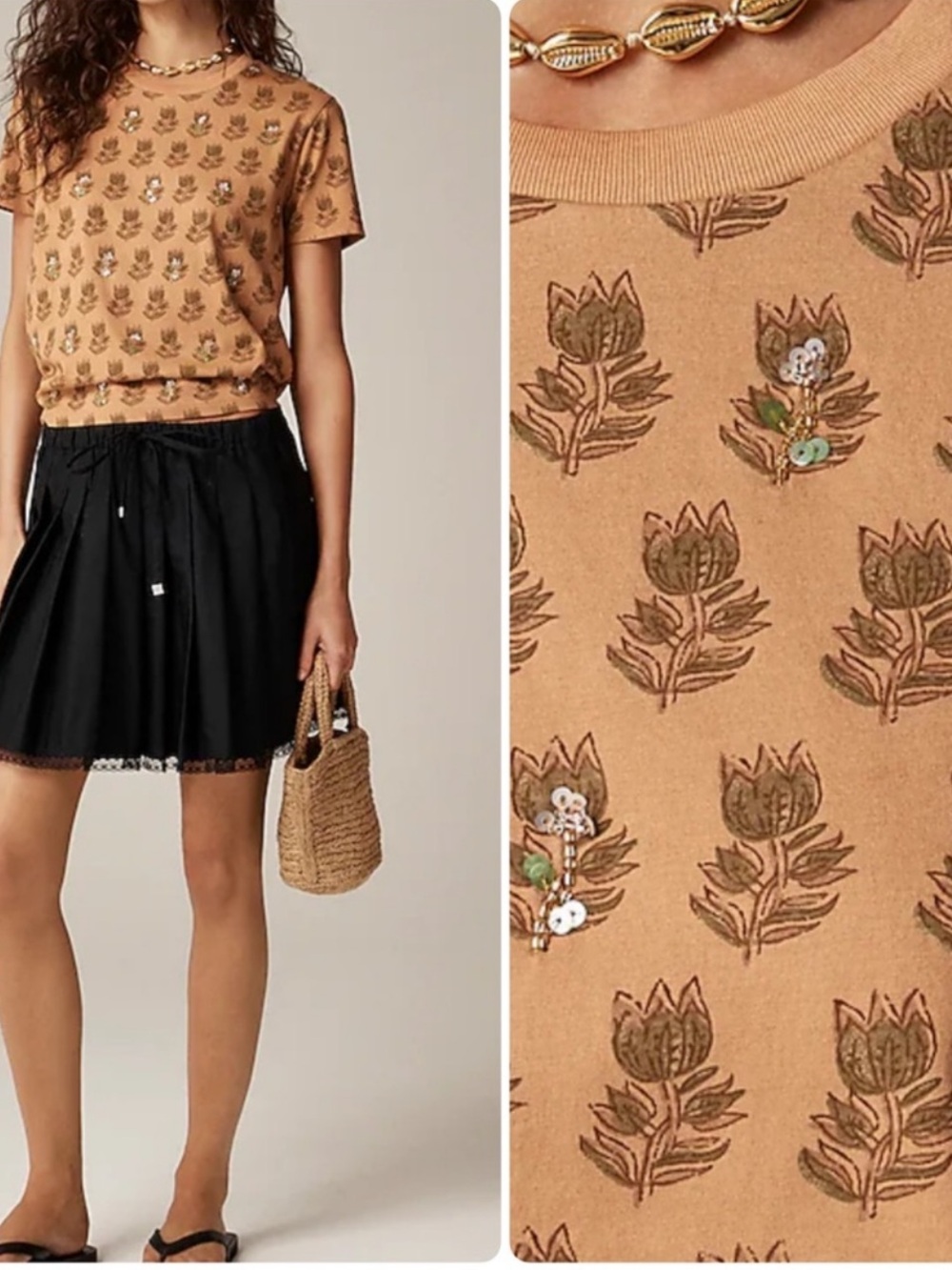 J.Crew Collection Jersey Embellished T-shirt Tan Tonal Tulip Block Print